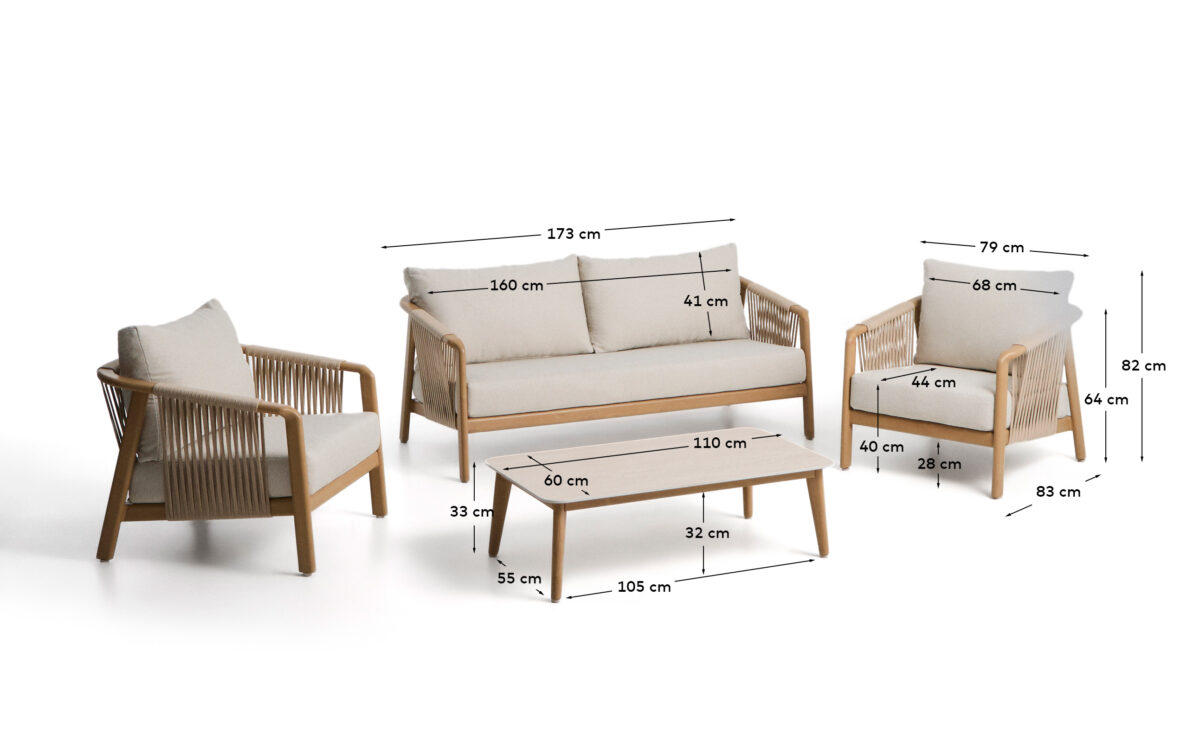 Kave Home Sirte outdoor set met 3-zitsbank, 2 fauteuils en tafel in aluminium met afwerking van houteffect en ecru kussens - Afbeelding 7