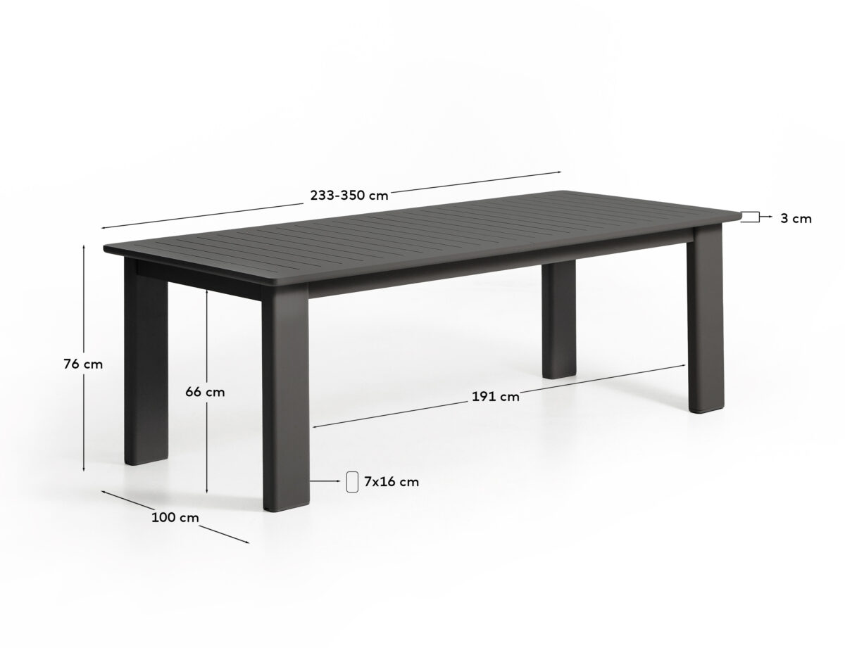 Kave Home Livorno uitschuifbare tafel van grafietkleurig aluminium 233(350) x 100 cm - Afbeelding 9