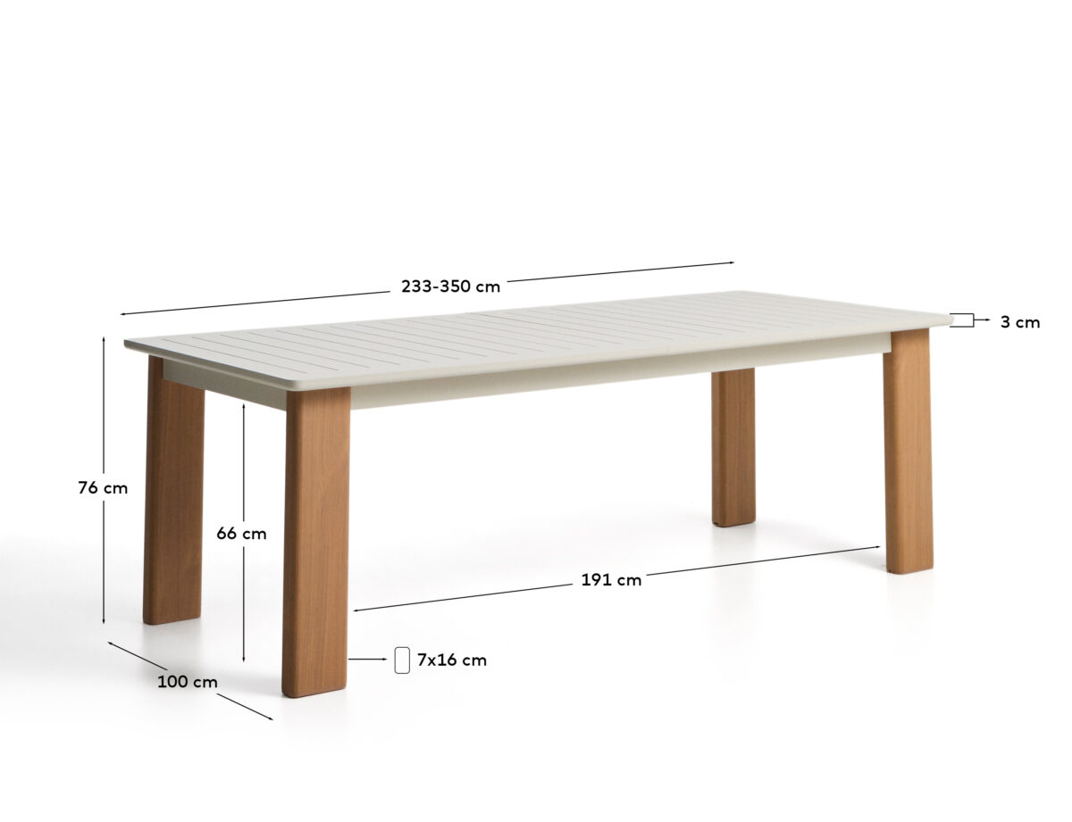 Kave Home Livorno uitschuifbare tafel van beige aluminium en poten met houteffect 233(350) x 100 cm - Afbeelding 8