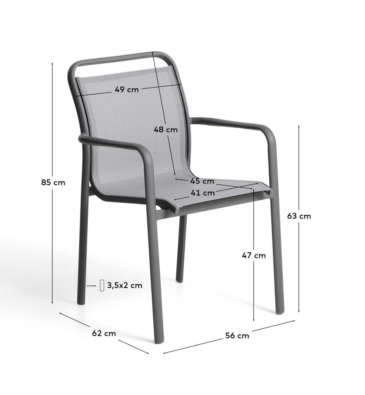 Kave Home Luri stapelbare outdoor stoel van grafietkleurig aluminium en grijs textileen - Afbeelding 11
