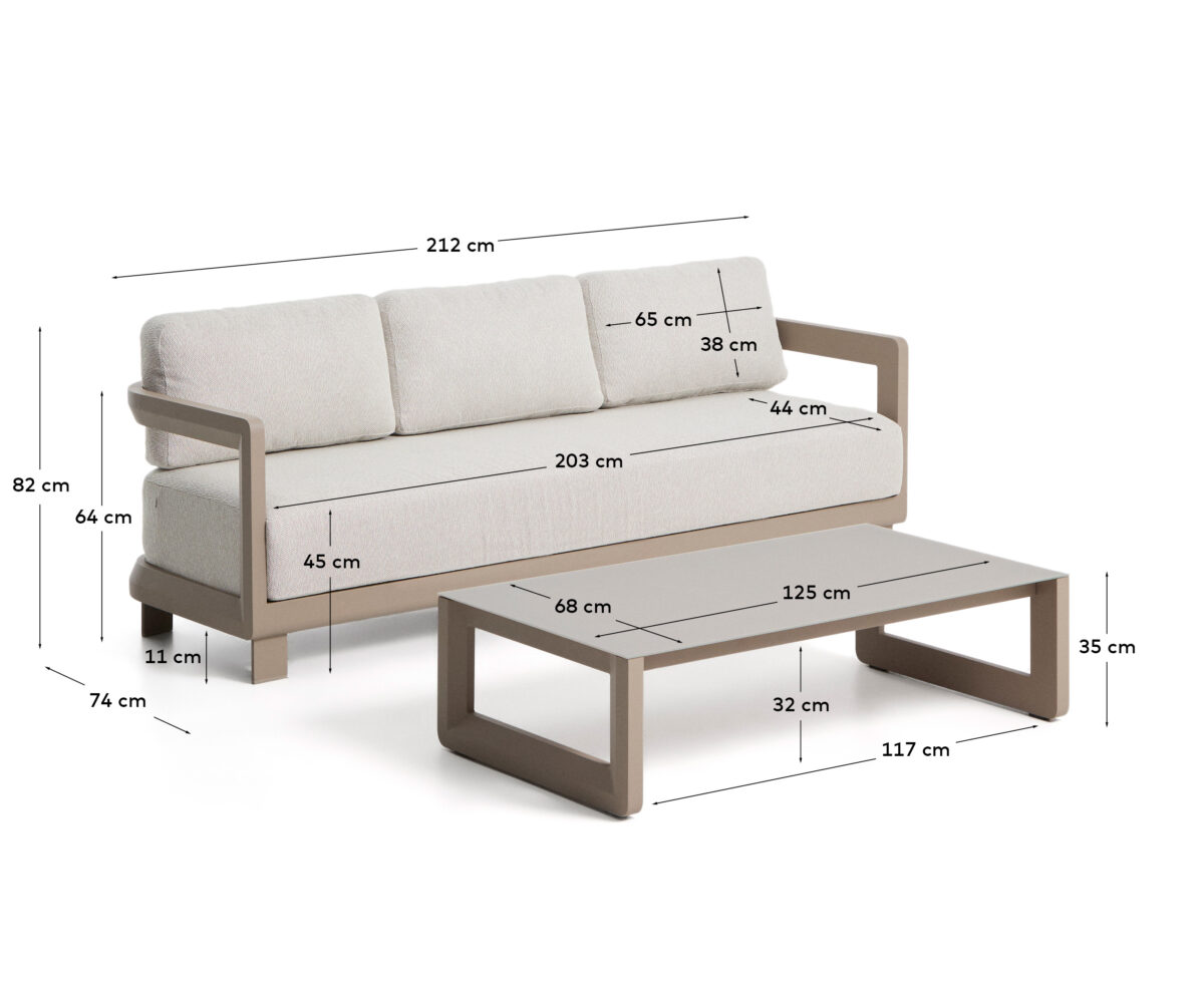 Kave Home Nerano taupe set van 3-zitsbank en lage tafel van aluminium - Afbeelding 8