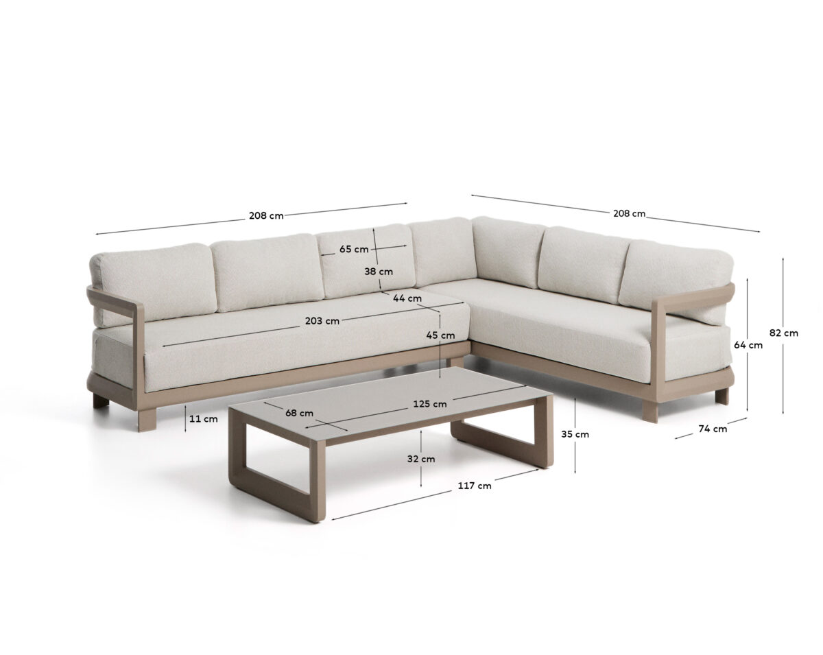 Kave Home Nerano set met 5-zits hoekbank en salontafel van gehard glas en aluminium in taupe - Afbeelding 6
