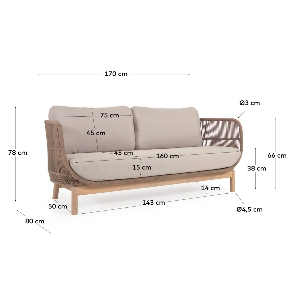 Kave Home Catalina 3-zitsbank gemaakt met beige touw en FSC massief acaciahout 170 cm - Afbeelding 15