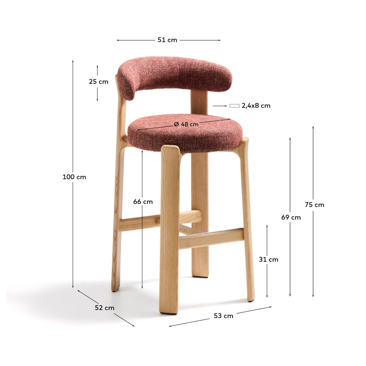 Kave Home Granite kruk in terracotta chenille en massief essenhout met naturelkleurige afwerking FSC 100% 75 cm - Afbeelding 10
