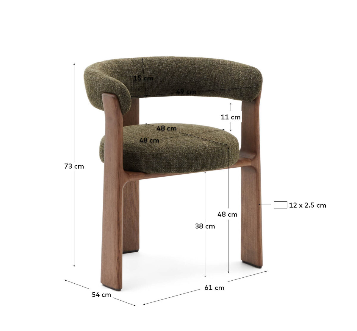 Kave Home Granite stoel met 3 poten in groene chenille en massief essenhout in noten afwerking FSC 100% - Afbeelding 9