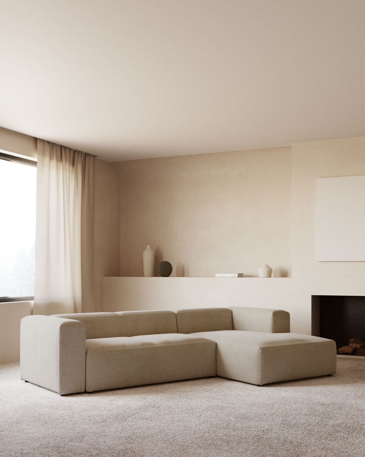 Kave Home Blok 3-zitsbank in beige chenille en met chaise longue rechts 300 cm FSC Mix Credit - Afbeelding 2