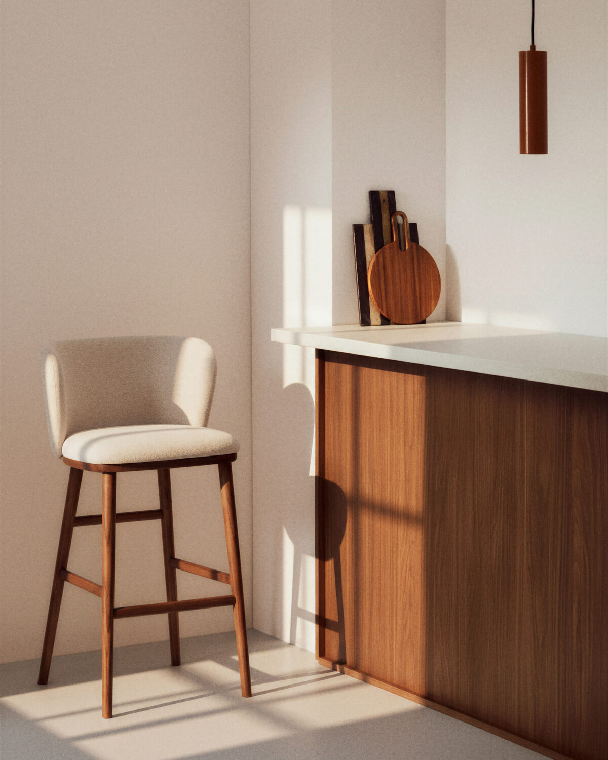 Kave Home Ciselia kruk in beige chenille en poten van massief essenhout met een walnootkleurige afwerking FSC Mix Credit 75cm - Afbeelding 2