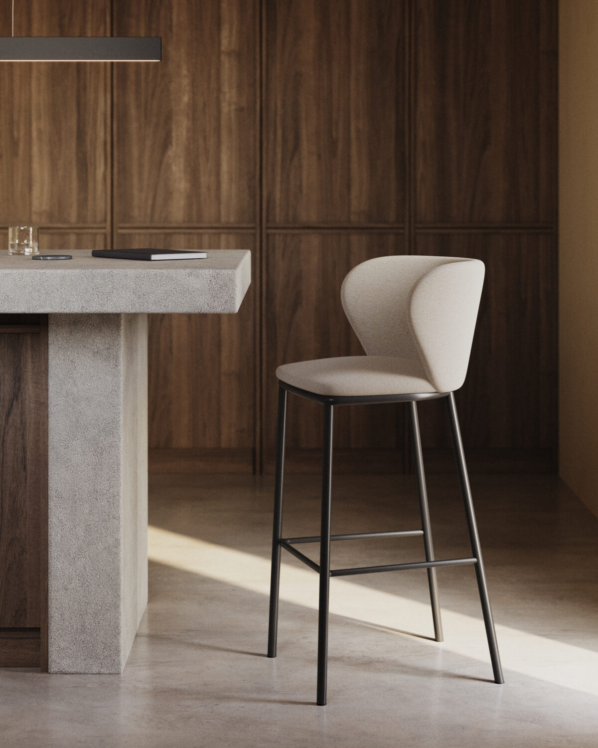 Kave Home Ciselia kruk in beige chenille en stalen poten in zwart hoogte 65 cm FSC Mix Credit - Afbeelding 2