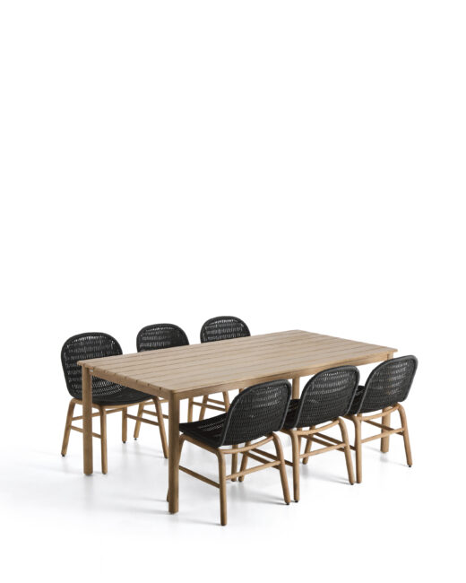 Kave Home Set met Sori tafel van massief acaciahout en 6 Alipa stapelbare stoelen van massief acaciahout en touw in grafietkleur 200 x 100 FSC 100%
