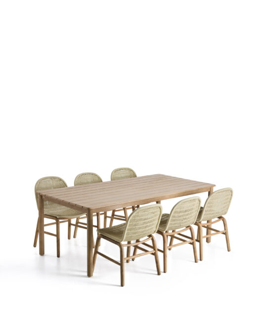 Kave Home Set met Sori tafel van massief acaciahout en 6 Alipa stapelbare stoelen van massief acaciahout en ecru touw 200 x 100 FSC 100%