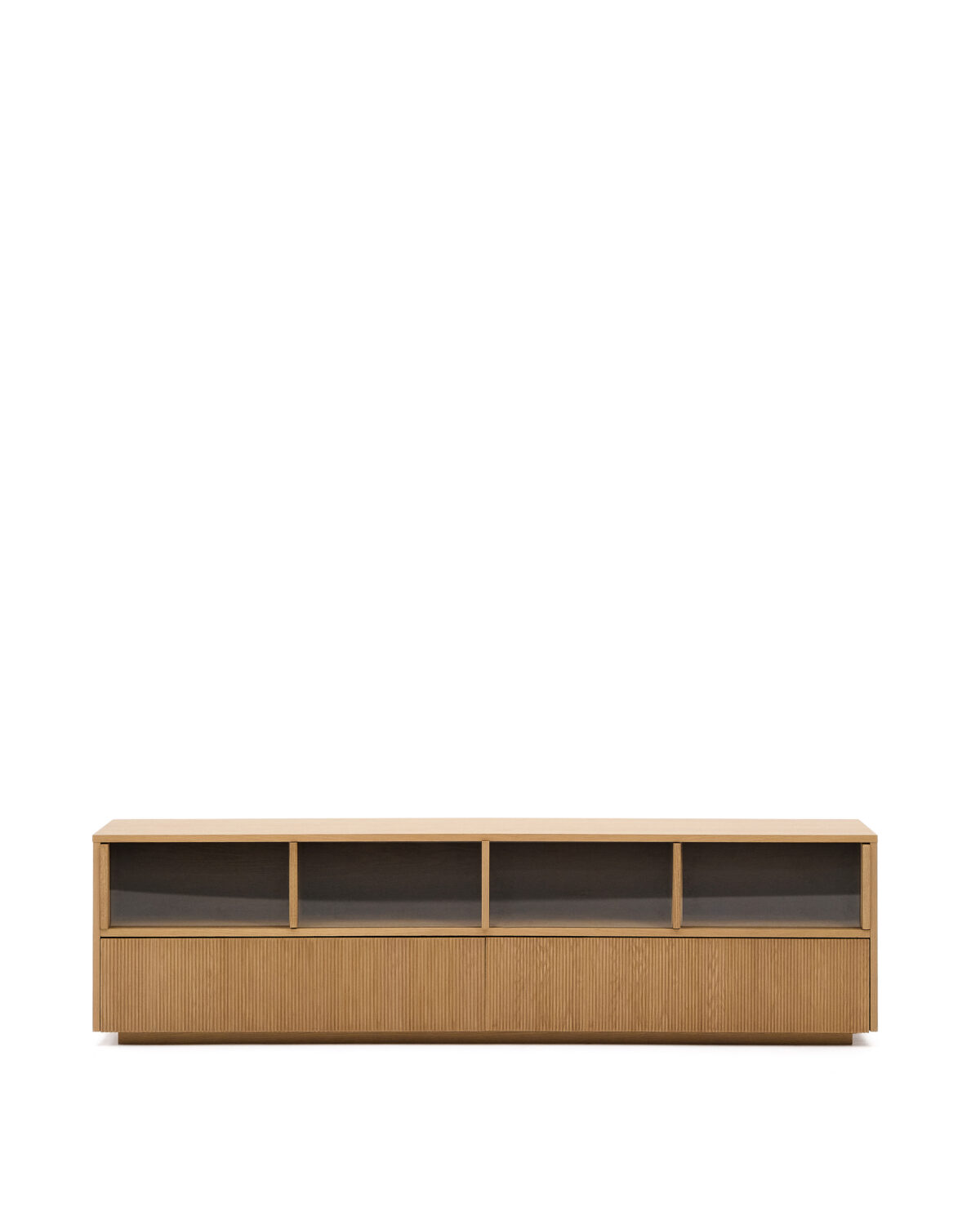 Kave Home Helvine tv-meubel 4 deuren en 2 laden van eikenfineer en gehard glas 200 x 54 cm. FSC 100% - Afbeelding 12