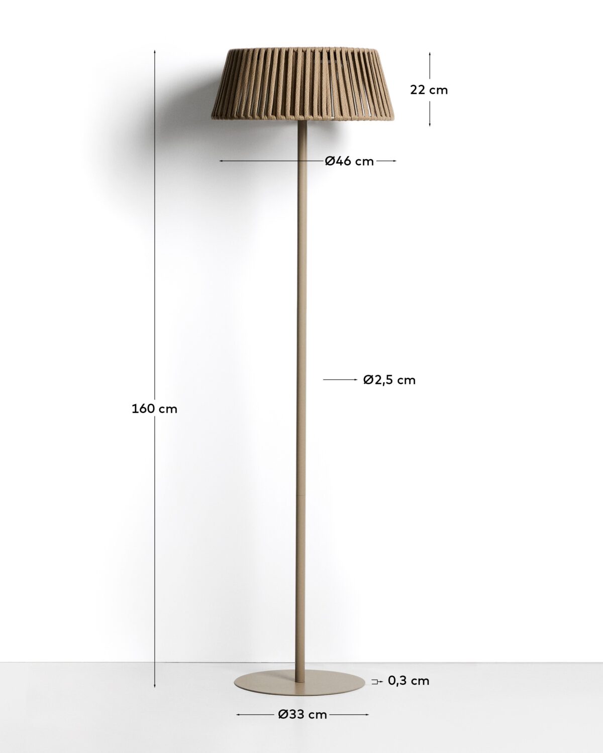 Kave Home Aldet outdoor staande lamp op zonne-energie met plat touw en metalen voet in beige Ø46 cm - Afbeelding 8