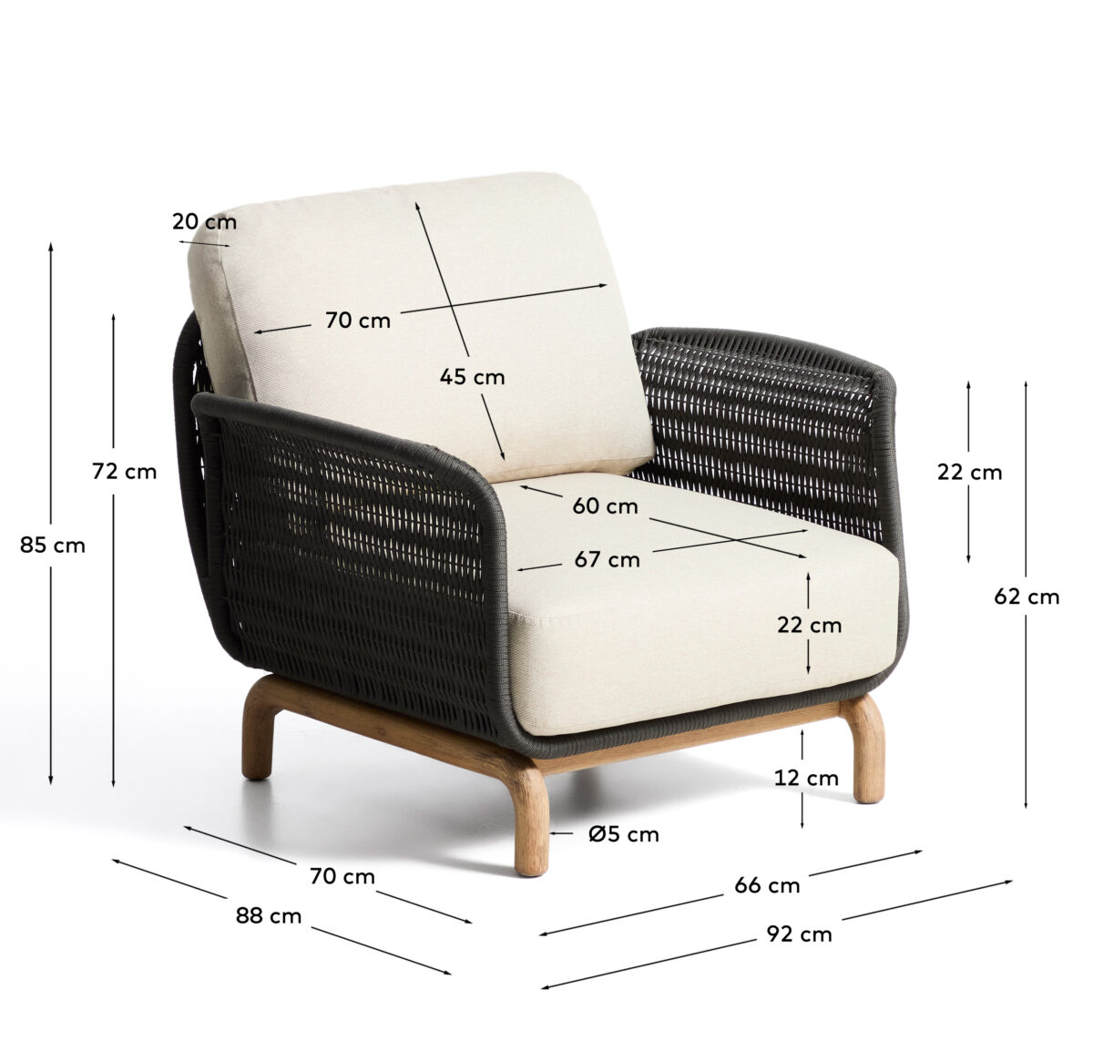Kave Home Alipa fauteuil van massief acaciahout en donkergrijs touw FSC 100% - Afbeelding 9