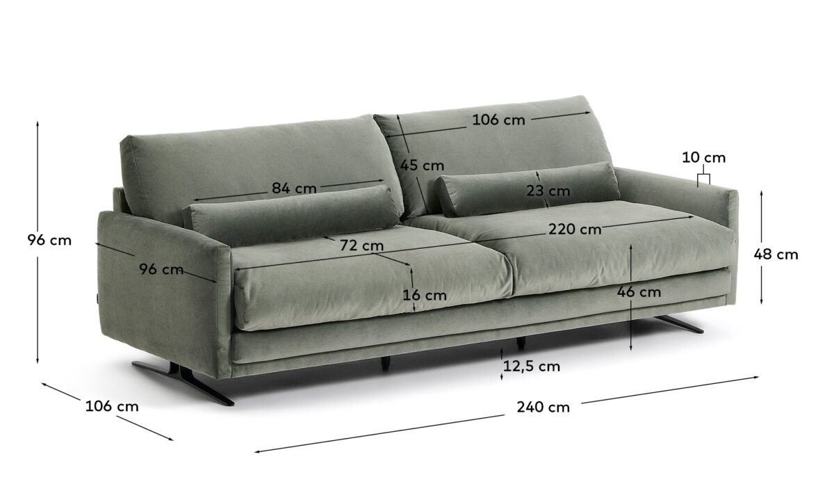 Kave Home Veliro 3-zitsbank in groen fluweel met stalen poten in zwarte afwerking 240 cm FSC Mix Credit - Afbeelding 10