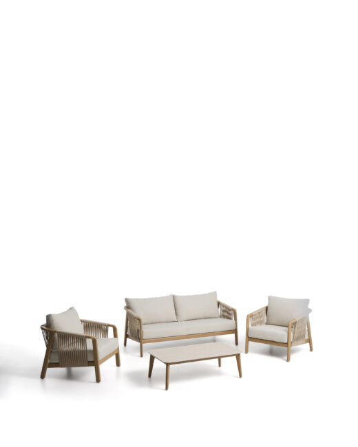 Kave Home Sirte outdoor set met 3-zitsbank, 2 fauteuils en tafel in aluminium met afwerking van houteffect en ecru kussens