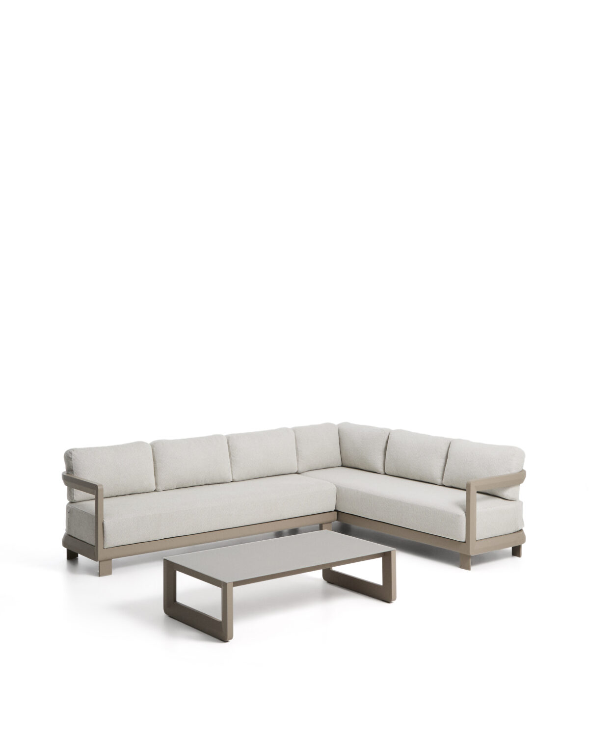 Kave Home Nerano set met 5-zits hoekbank en salontafel van gehard glas en aluminium in taupe