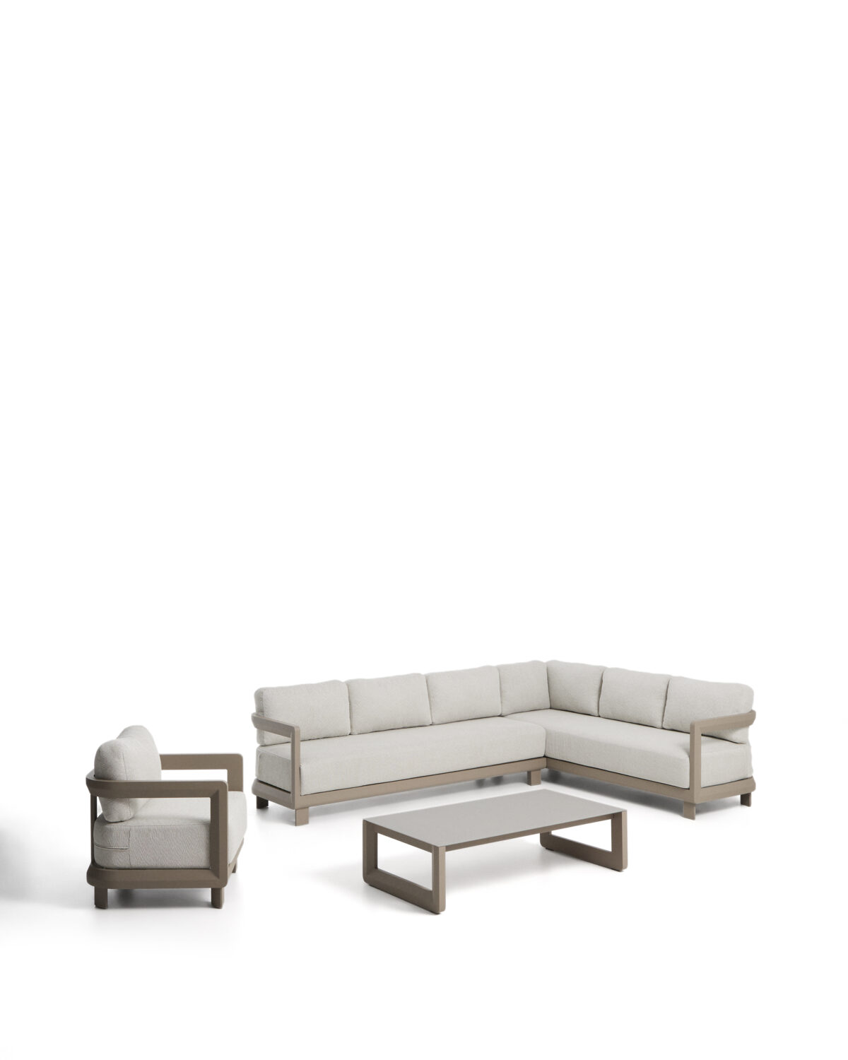 Kave Home Nerano set met 5-zits hoekbank, fauteuil en salontafel van gehard glas en aluminium in taupe - Afbeelding 3