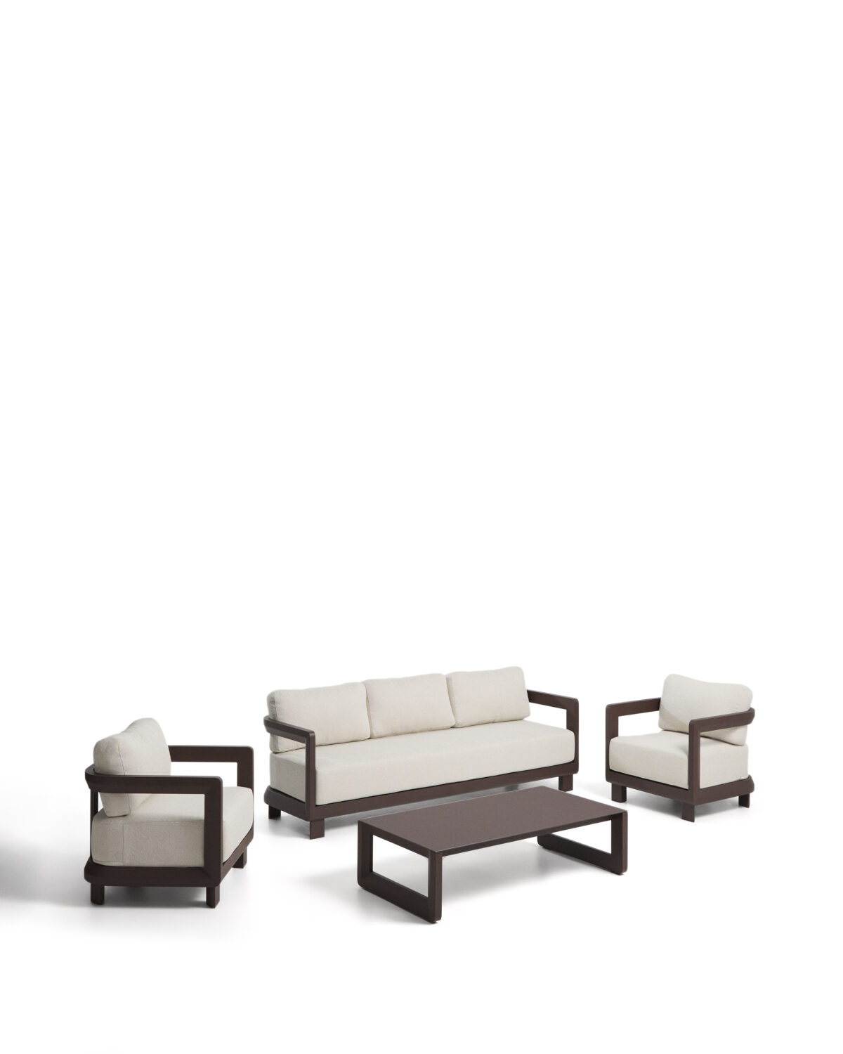 Kave Home Nerano set met 3-zitsbank, 2 fauteuils en salontafel van gehard glas en bruin aluminium