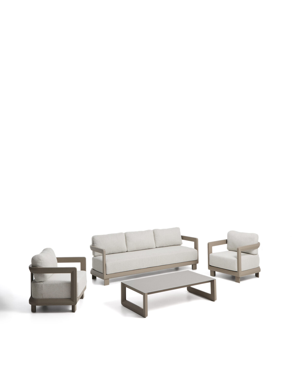 Kave Home Nerano set met 3-zitsbank, 2 fauteuils en salontafel van gehard glas en aluminium in taupe