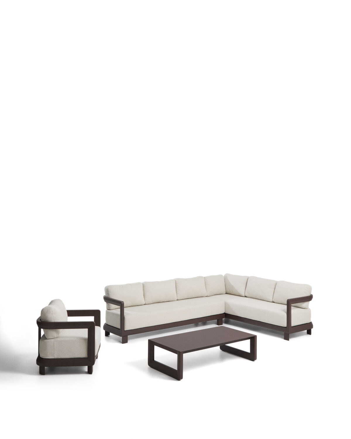 Kave Home Nerano set met 5-zits hoekbank, fauteuil en salontafel van gehard glas en bruin aluminium - Afbeelding 5