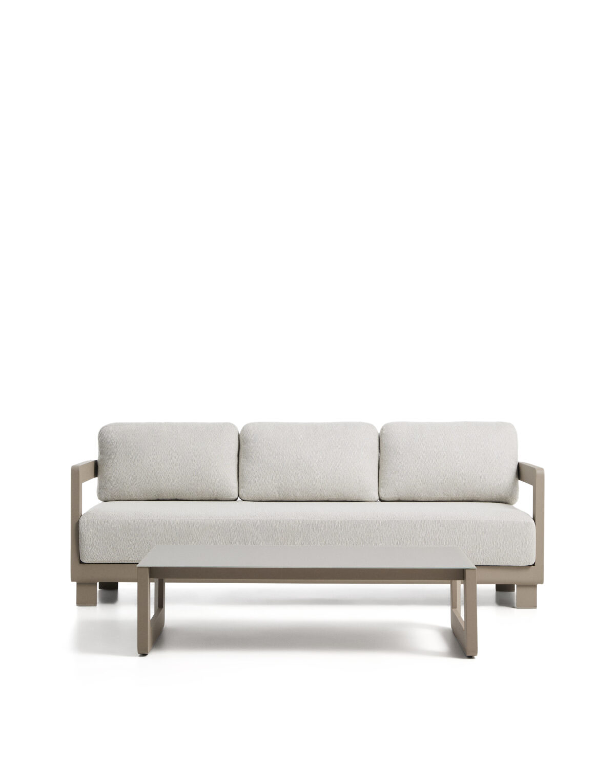Kave Home Nerano taupe set van 3-zitsbank en lage tafel van aluminium