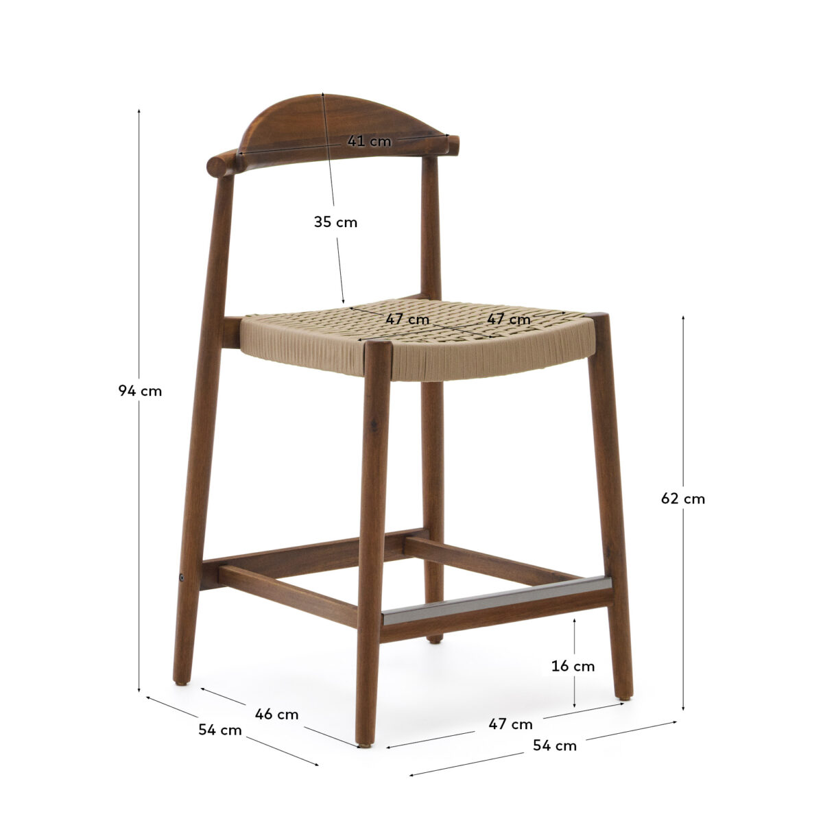 Kave Home Kruk Nina massief acaciahout walnoot afwerking en beige touwzitting 62 cm hoog FSC 100% - Afbeelding 12