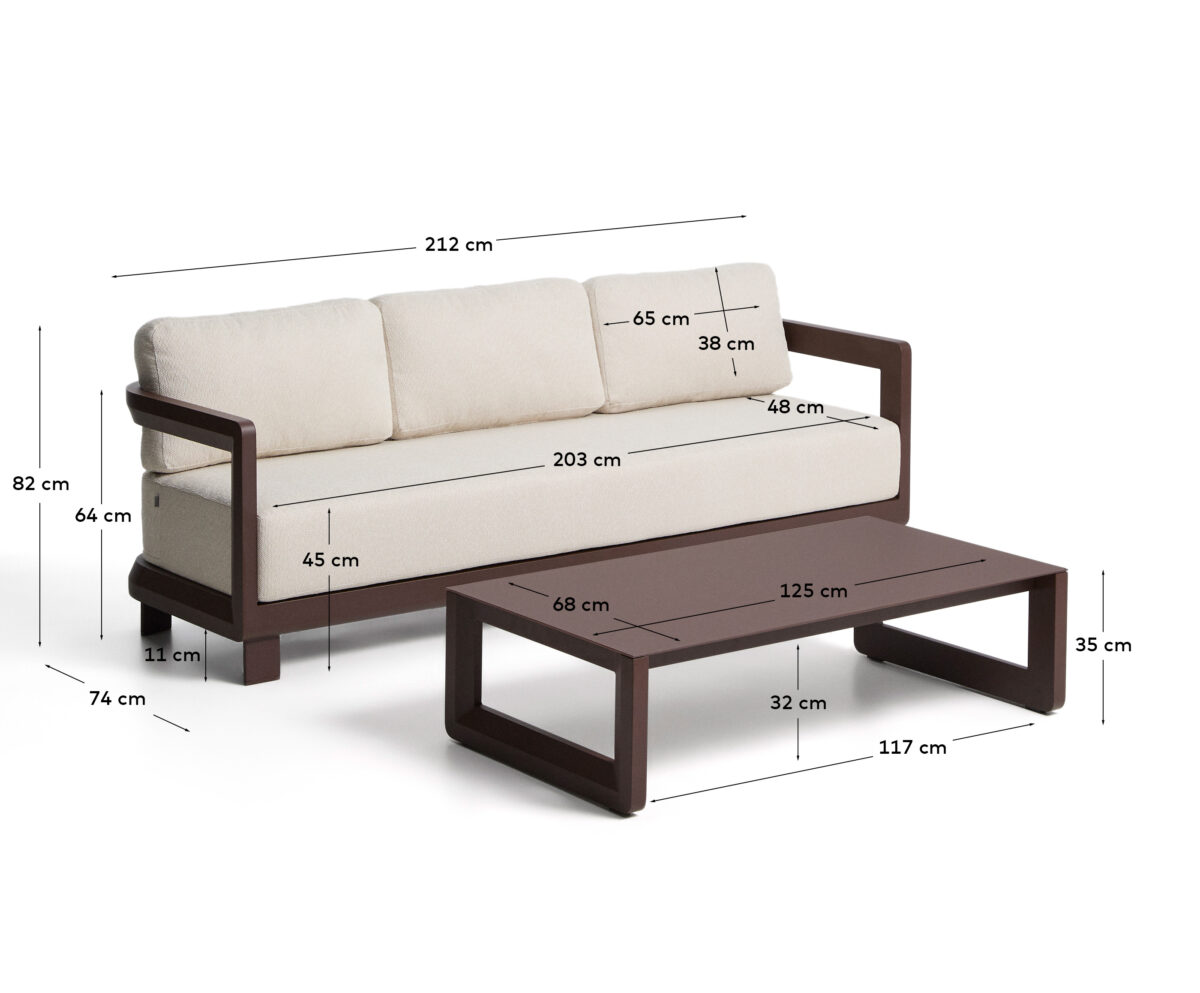 Kave Home Nerano set van 3-zitsbank en lage tafel van bruin aluminium - Afbeelding 7