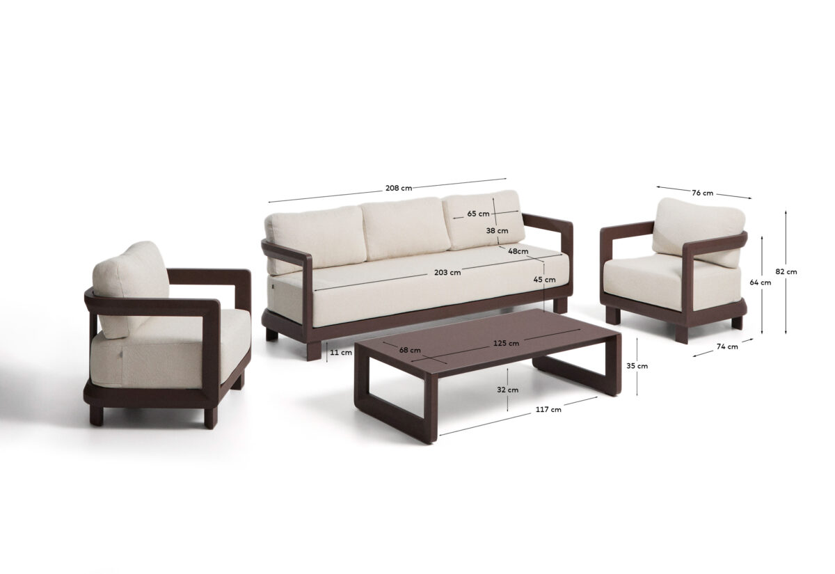 Kave Home Nerano set met 3-zitsbank, 2 fauteuils en salontafel van gehard glas en bruin aluminium - Afbeelding 7