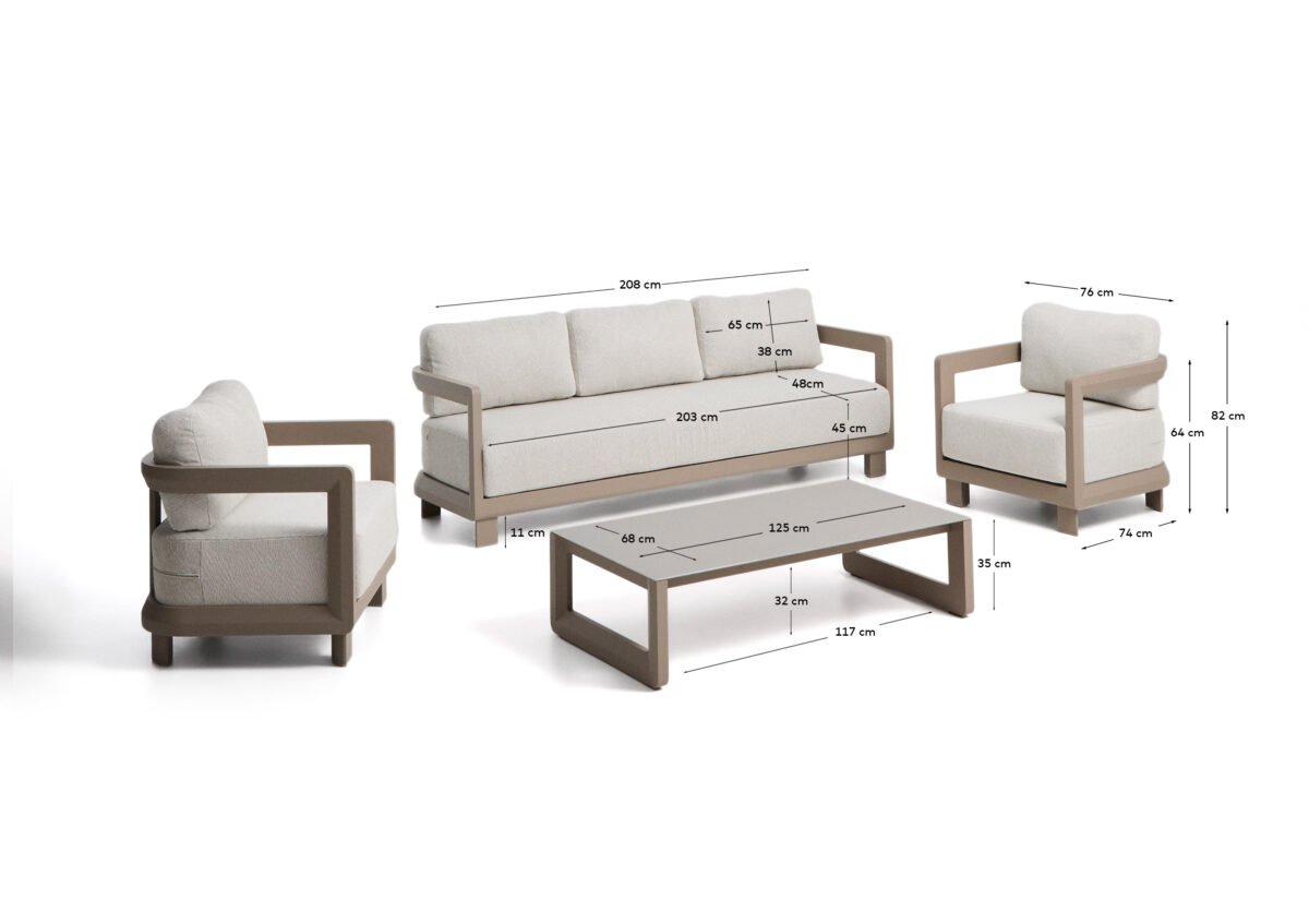 Kave Home Nerano set met 3-zitsbank, 2 fauteuils en salontafel van gehard glas en aluminium in taupe - Afbeelding 5