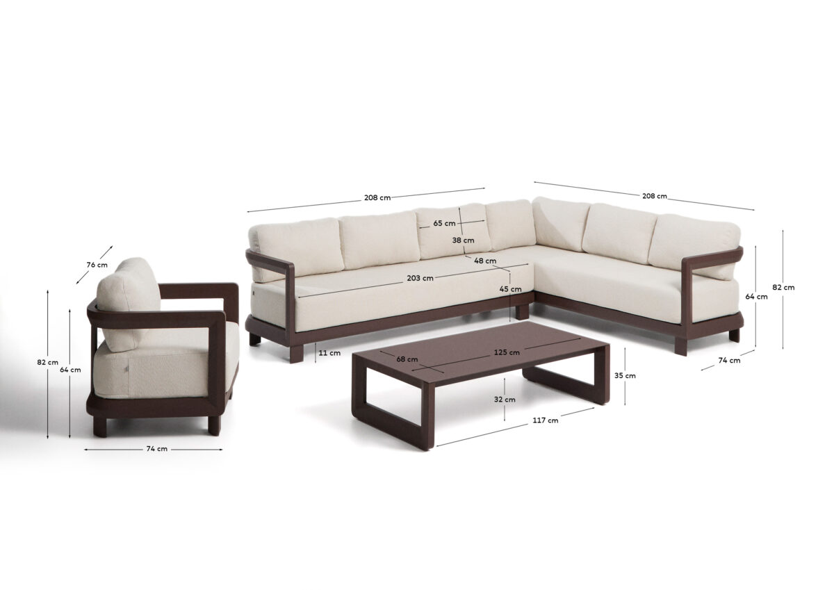Kave Home Nerano set met 5-zits hoekbank, fauteuil en salontafel van gehard glas en bruin aluminium - Afbeelding 6