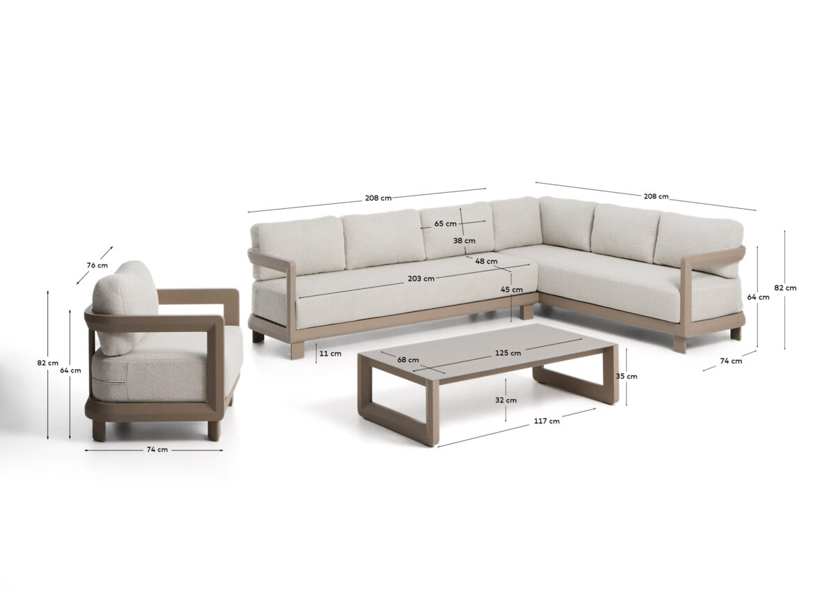 Kave Home Nerano set met 5-zits hoekbank, fauteuil en salontafel van gehard glas en aluminium in taupe - Afbeelding 4