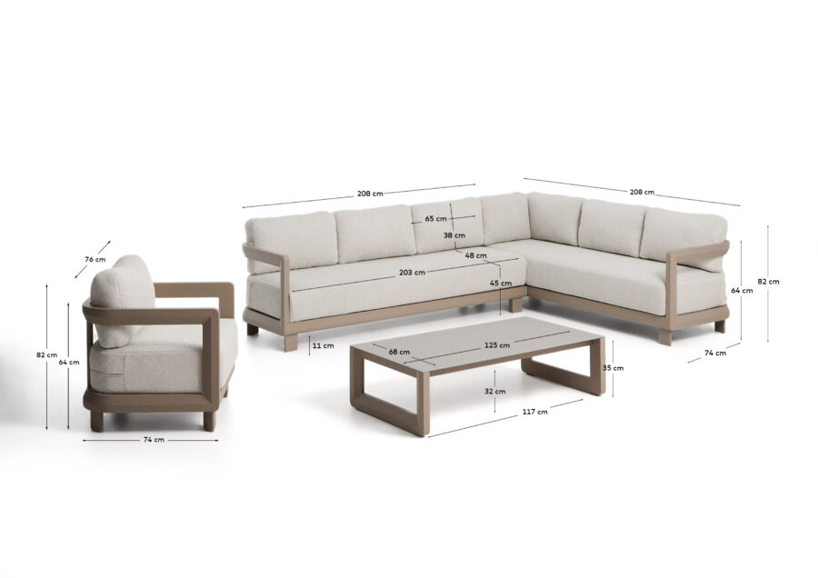 Kave Home Nerano set met 5-zits hoekbank, fauteuil en salontafel van gehard glas en aluminium in taupe