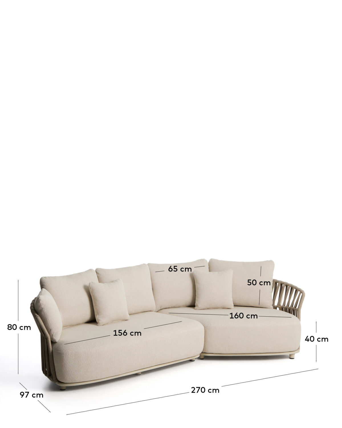 Kave Home Osani 3-zitsbank van ecru aluminium en taupe touw 274 cm - Afbeelding 7