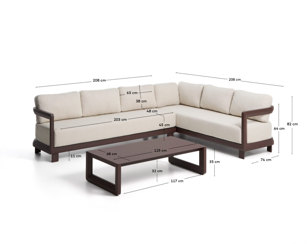 Kave Home Nerano set met 5-zits hoekbank en salontafel van gehard glas en bruin aluminium - Afbeelding 4