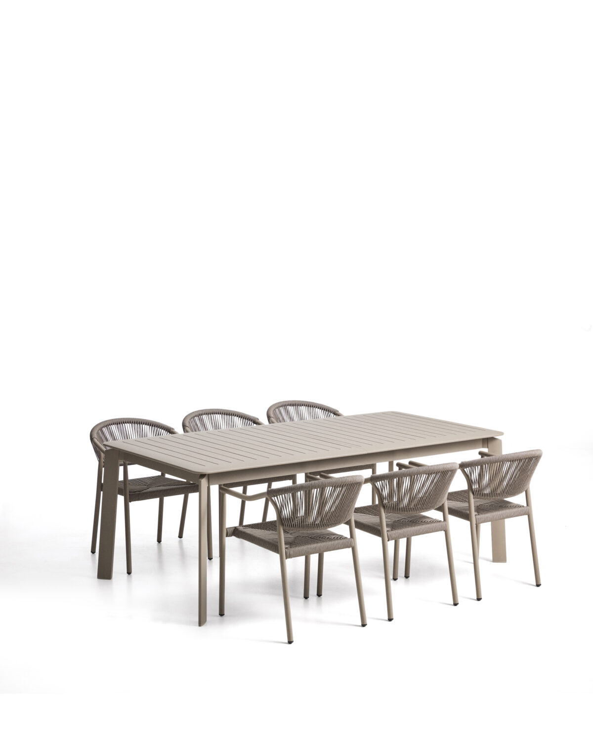 Kave Home Set met Brela uitschuifbare tafel van aluminium en 6 Livadia stapelbare stoelen van aluminium en synthetisch taupe touw 205(287) x 100 cm - Afbeelding 21