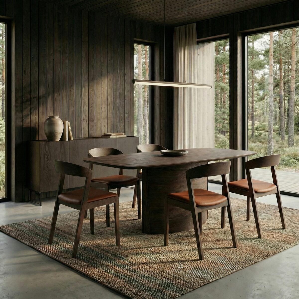 Skovby #117 ovale eettafel in mocha eiken met leren stoelen