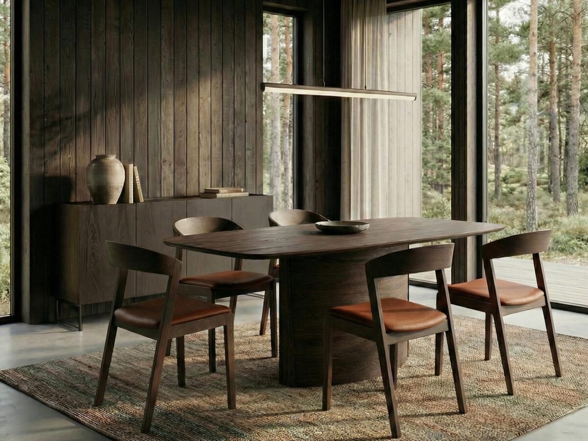 Skovby #117 ovale eettafel in mocha eiken met leren stoelen