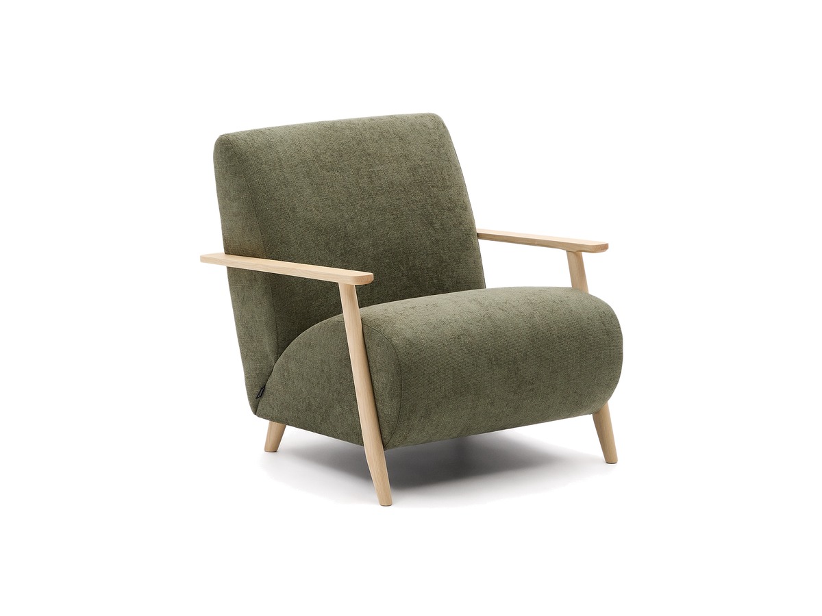 Kave Home Fauteuil Meghan in groene chenille en van massief essenhout in naturel afwerking FSC Mix Credit – packshot