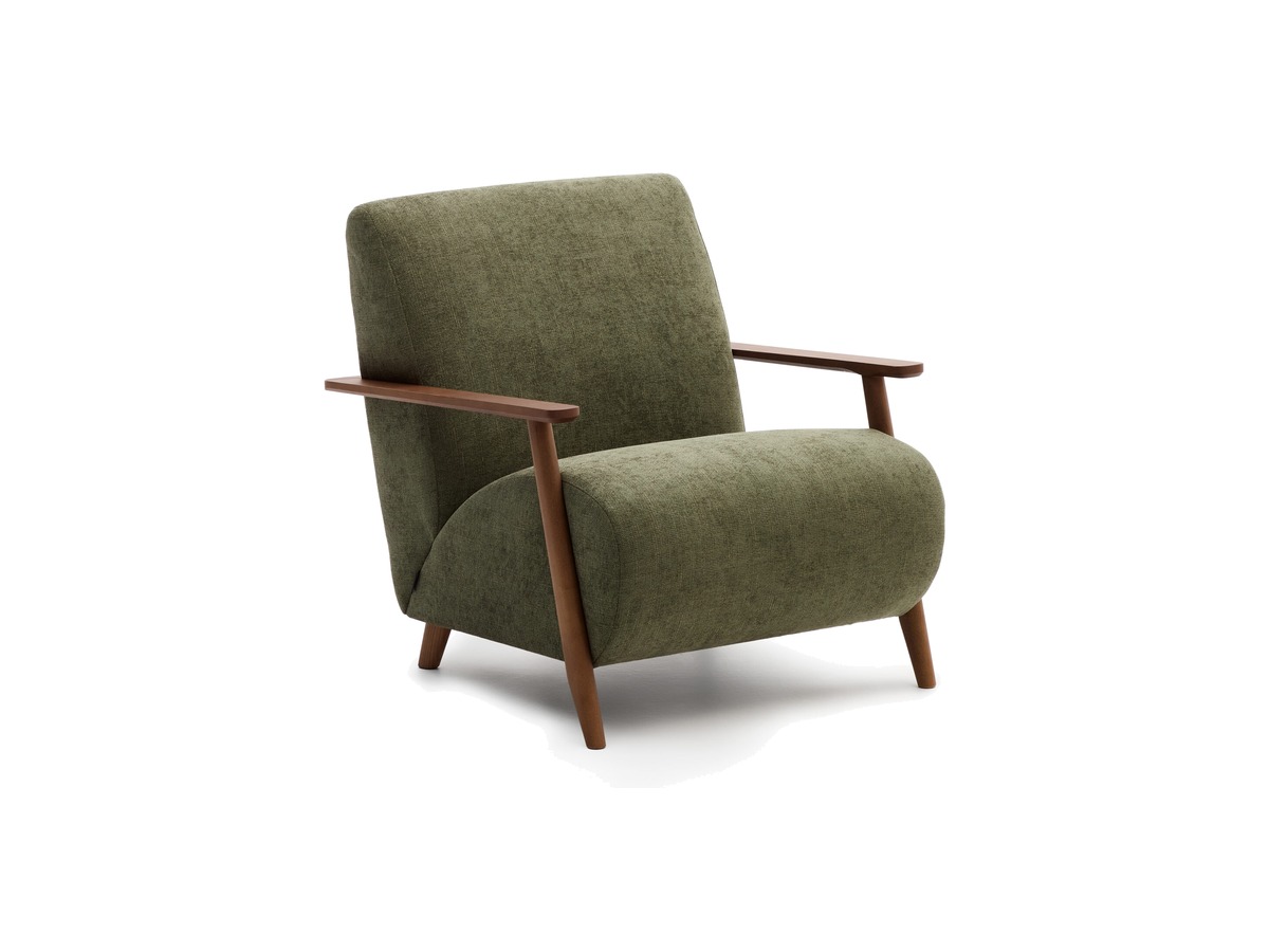 Kave Home Meghan fauteuil van groen chenille massief essenhout met notenhout afwerking FSC Mix Credit – packshot