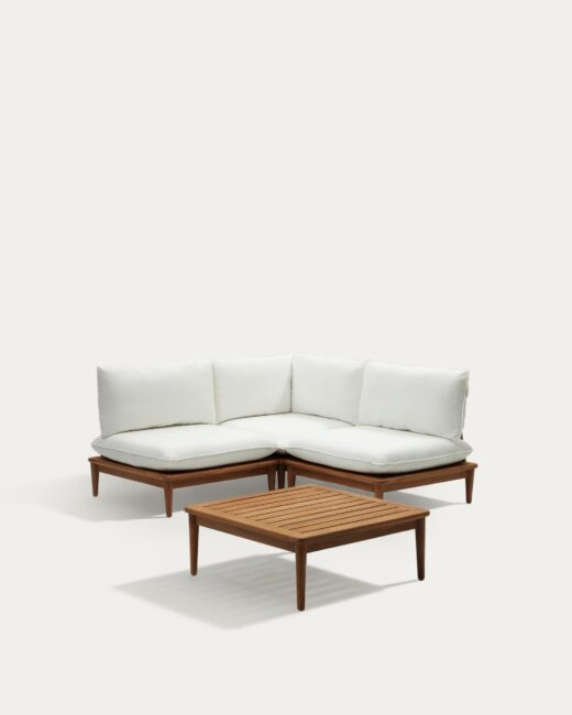 Kave Home Portitxol set van 1 hoekfauteuil, 2 modulaire fauteuils en salontafel in massief teakhout