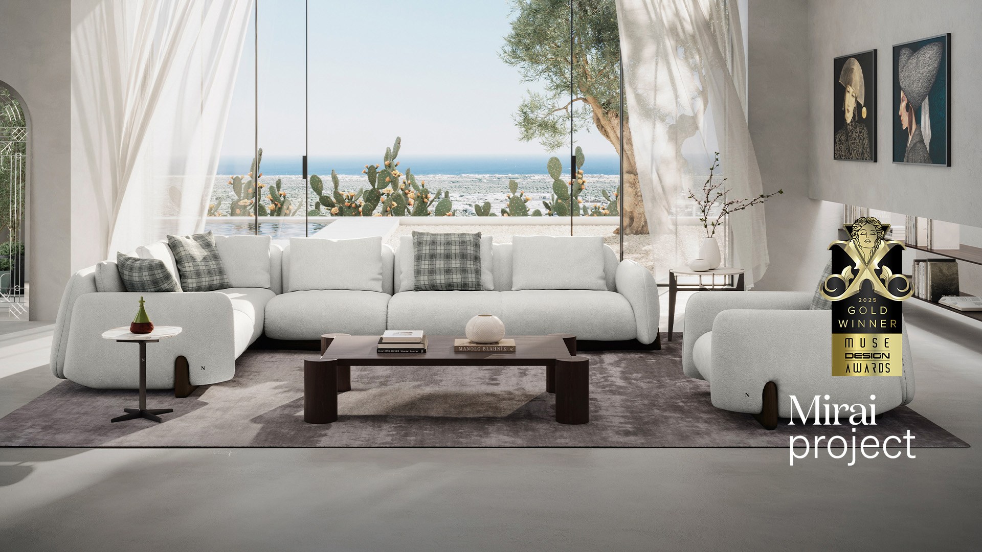 Natuzzi Italia Mirai bank in een woonkamer met uitzicht op zee