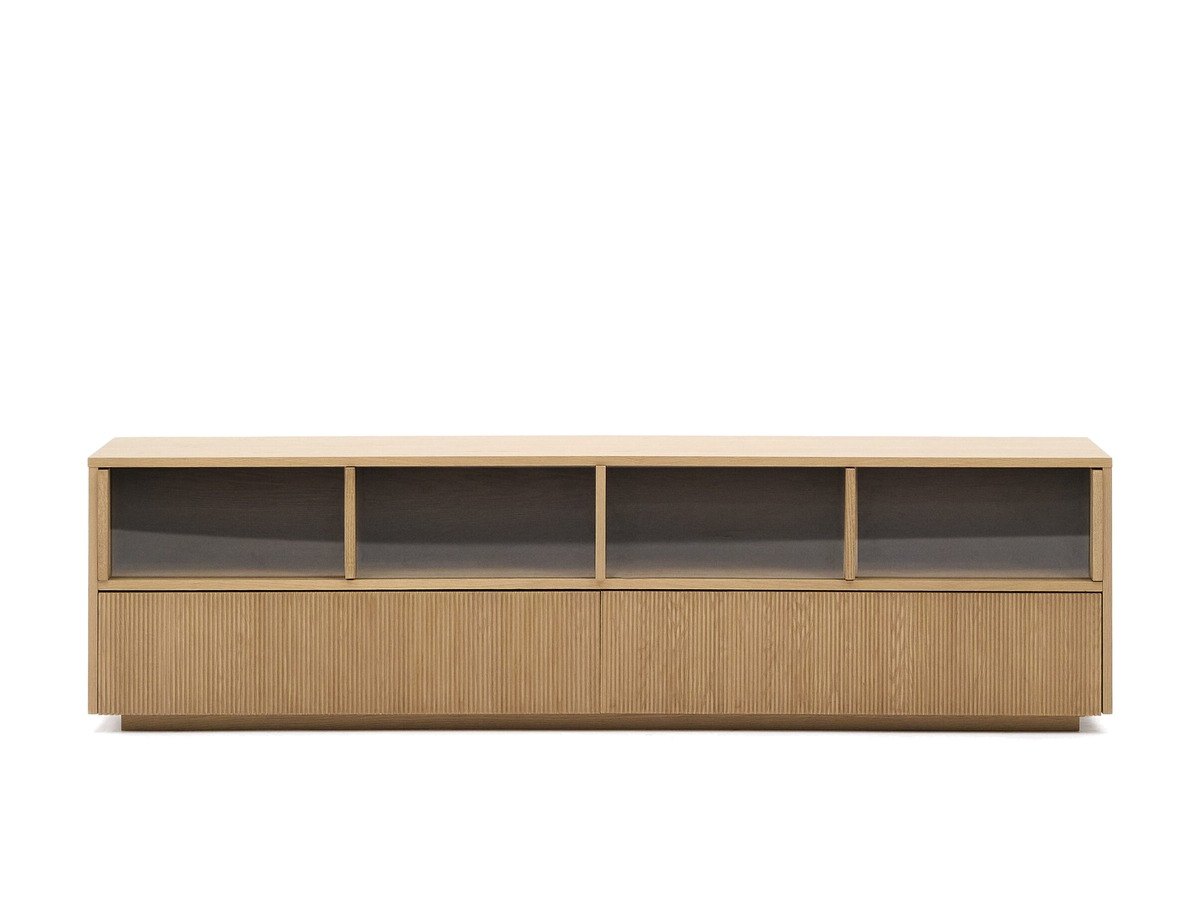 Kave Home Helvine tv-meubel 4 deuren en 2 laden van eikenfineer en gehard glas 200 x 54 cm. FSC 100%