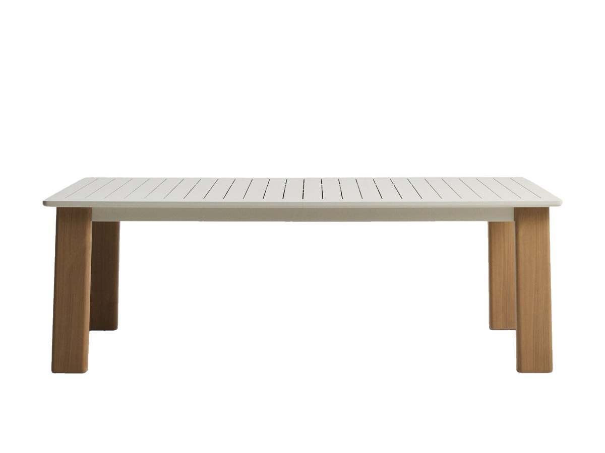 Kave Home Livorno uitschuifbare tafel van beige aluminium en poten met houteffect 233(350) x 100 cm