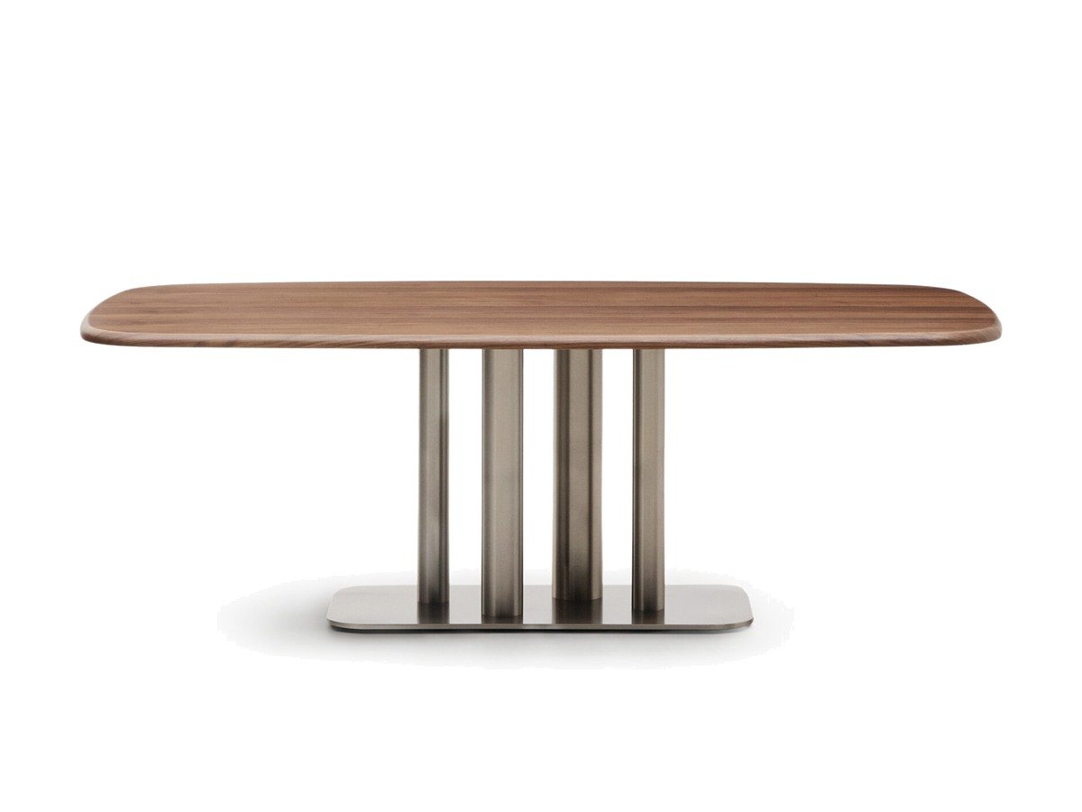 Kave Home Melvar tafel gemaakt van walnootfineer en poten en onderstel van geborsteld roestvrij staal 220 x 110 cm