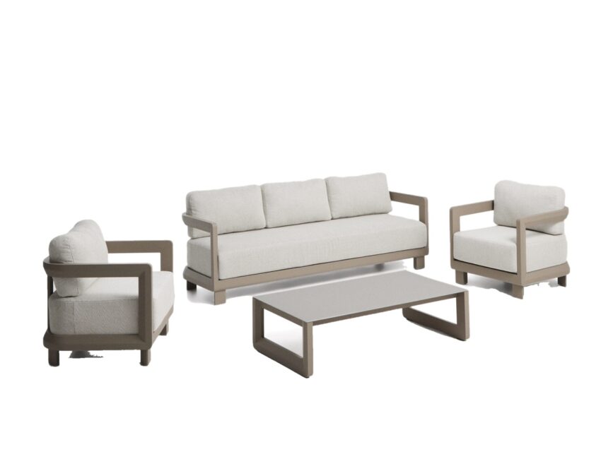 Kave Home Nerano set met 3-zitsbank, 2 fauteuils en salontafel van gehard glas en aluminium in taupe