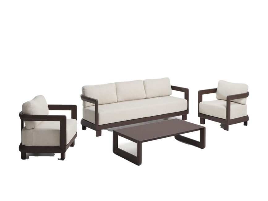 Kave Home Nerano set met 3-zitsbank, 2 fauteuils en salontafel van gehard glas en bruin aluminium
