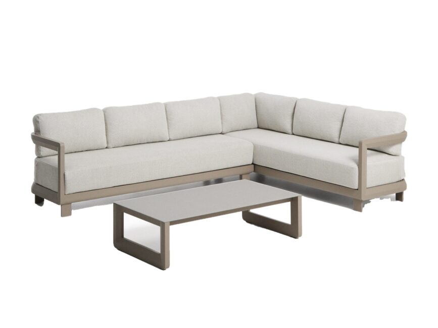 Kave Home Nerano set met 5-zits hoekbank en salontafel van gehard glas en aluminium in taupe