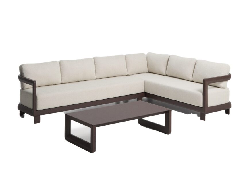 Kave Home Nerano set met 5-zits hoekbank en salontafel van gehard glas en bruin aluminium