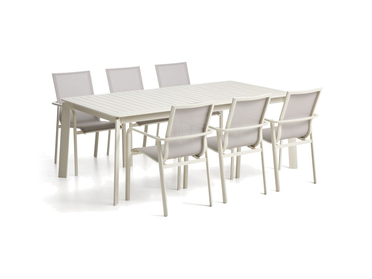 Kave Home Set Brela uitschuifbare tafel aluminium ecru met 6 stapelbare Canea stoelen aluminium ecru en beige texteline 205(287)x100 cm