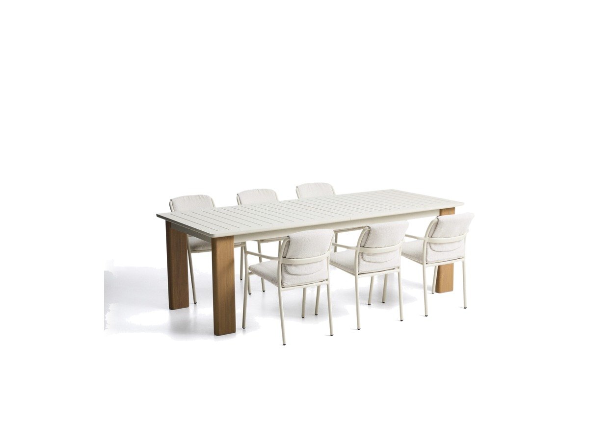 Kave Home Set Livorno uitschuifbare tafel aluminium beige met poten houtlook en 6 Linosa stapelbare stoelen aluminium ecru met beige kussens 233(350)x100 cm